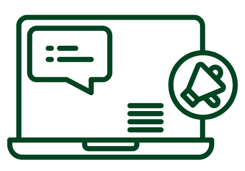 graphic icon depicting a laptop screen with a megaphone and chat bubble appearing on the screen