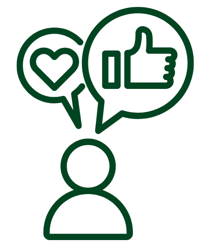 graphic icon depicting a person with thought bubbles above their head featuring a like symbol and a heart