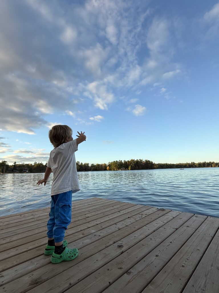 A young child standing on a wooden dock by a calm lake, reaching upward toward the sky on a bright day with scattered clouds.